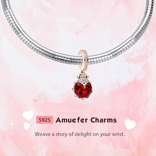 S925 Bead Pendant Charms for Bracelets Necklaces, Compatible with Pandora, Jewelry Making DIY - style: Ladybug Charm Red and 14K Rose Gold