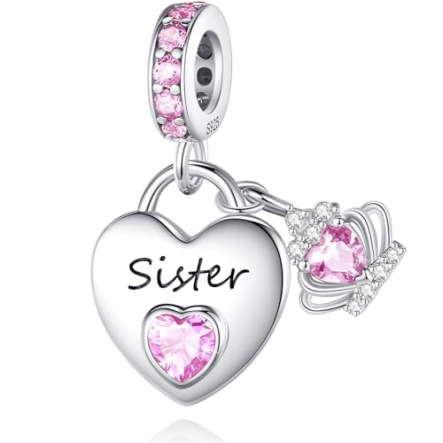 Family Charms for Charms Bracelet: 925 Sterling Silver Heart Dangle Charms for Bracelets and Necklaces, Birthday Mother's Day Christmas Jewelry Gifts For Women. - color: Sister