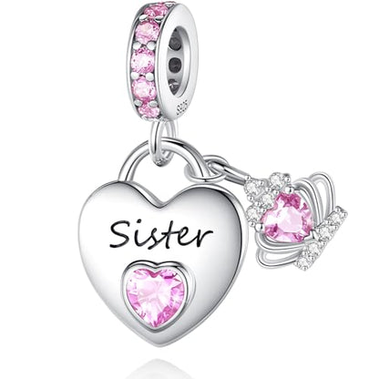 Family Charms for Charms Bracelet: 925 Sterling Silver Heart Dangle Charms for Bracelets and Necklaces, Birthday Mother's Day Christmas Jewelry Gifts For Women. - color: Sister