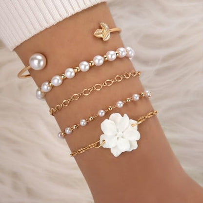 5Pcs Boho White Flower Beaded Pearl Bracelets for Women Trendy, Cute Gold Silver Stackable Floral Petal Pearls Beads Chain Bracelet Holiday Jewelry Gifts - color: Gold