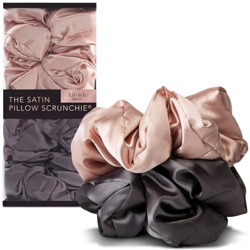 Kitsch Pillow Satin Scrunchies for Women -Blush/Charcoal, 2pcs | Wake Up Frizz-Free, No Crease Large Hair Ties, Softer Than Silk Scrunchies, Stylish Hair Accessories For All Hair Types - color: Blush/Charcoal