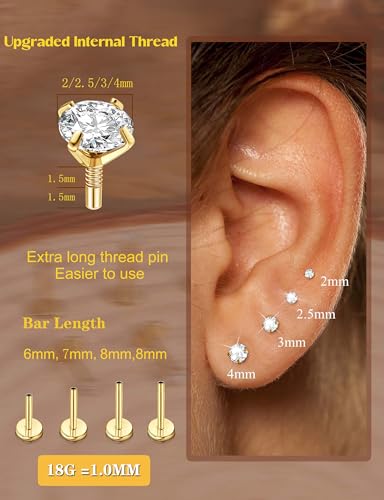 LOLIAS 16G 18G Flat Back Earrings Studs-Hypoallergenic Surgical Stainless Steel Cartilage Earring for Women Internally Threaded Cubic Zirconia Nose Stud Lip Medusa Tragus Helix Piercing Jewelry - color: 18G-2/2.5/3/4mm CZ-14K Gold Plated