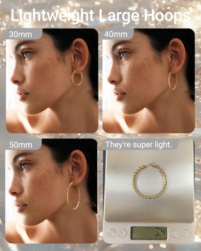 925 Sterling Silver Post Hoop Earrings Lightweight Twisted Hoop Earrings for Women Hypoallergenic Large Hoop Earrings 30/40/50MM - color: Gold, size: 40MM