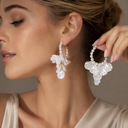 Pearl Hoop Dangle Earrings for Women, White Petal Statement Earrings, Floral Drop Earrings, Lightweight Elegant Wedding Vacation Party Jewelry - color: A0028-Petal Pearl Earrings