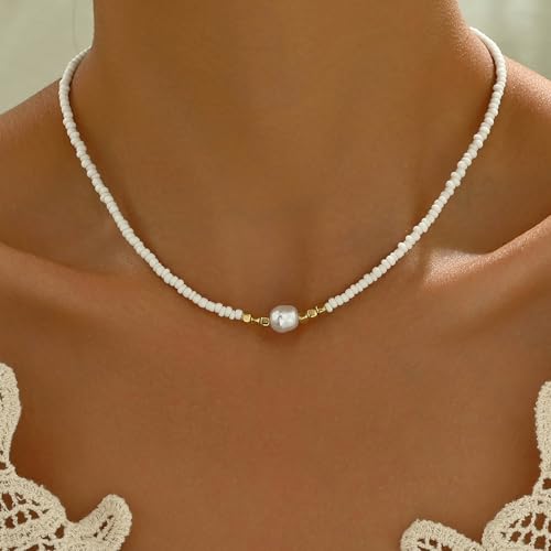 Andelaisi Boho Seed Bead Necklace Vintage Rice Bead Chain Necklace Tiny Ball Chain Choker Single Pearl Collar Hawaiian Beach Collarbone for Women (White)