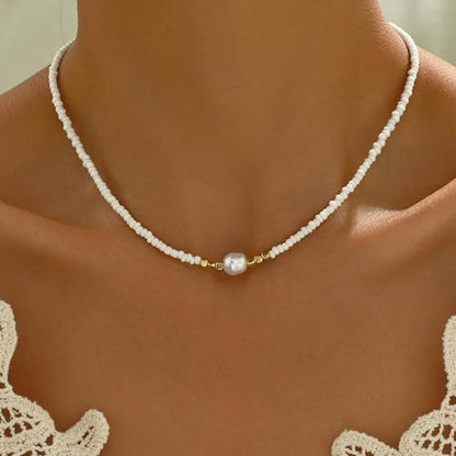 Andelaisi Boho Seed Bead Necklace Vintage Rice Bead Chain Necklace Tiny Ball Chain Choker Single Pearl Collar Hawaiian Beach Collarbone for Women (White)