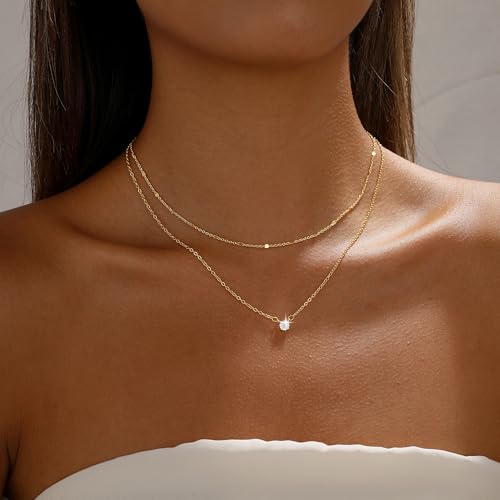 Layered Gold Necklace Set for Women Dainty Waterproof Cute Choker | 14K Gold Plated Minimalist Non Tarnish Lightweight CZ Pendant Pearl Twist Paperclip Chain Jewelry Gifts - style: 2PCS-Dotchain zircon-GD