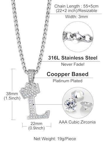 Richsteel Silver Crown Initial A-Z Letter Pendant Necklace for Men Women | Cubic Zirconia Monogram, 316L Steel Chain, 22" + 2" Extender,Hypoallergenic,Gift Box, Hip Hop Jewelry - style: L