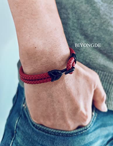 Mens Braided Leather Hook Bracelet,Two-row Leather with Black Stainless Steel Hook Clasp, Minimalist Style - color: red