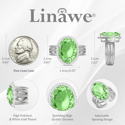 Linawe Costume Jewelry Adjustable Cocktail Ring for Women | Copper, Rhinestone, Cubic Zirconia, Oval, Fake Diamond, Crystal, Stone, Birthstone, Gemstone, Big, Chunky, Statement - color: White Light Green