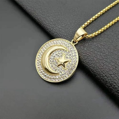 Star and Moon Circle Pendant Necklace for Men and Women, Retro Circle Charm Jewelry, Fashion Jewelry, Daily Wear, Birthday Gifts