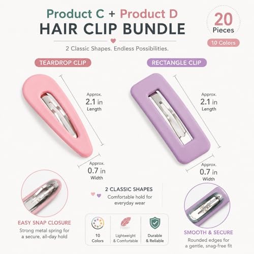 Bphne 20 Pcs Matte Non-Slip Snap Hair Clips for Women, Pastel Teardrop & Rectangle Barrettes, Small Metal Pins for Bangs, Strong Hold for School Party Travel Gift - color: Pastel