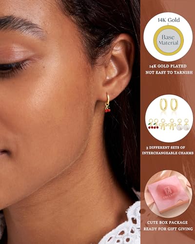 Freekiss Gold Huggie Earrings with 3 Charms for Women | 14K gold-plated huggie hoops with cherry, bow, and pearl charms for interchangeable daily styling, parties, and gifts - color: Pearl Cherry Bow-GD