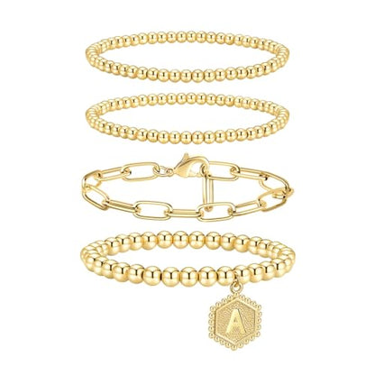 doubgood Gold Bracelets for Women, 14K Gold Plated Stackable Initial Beaded Bracelet with Letter Pendant Waterproof Stretch Trendy Stack Jewelry Set Gifts for Mom Christmas - color: A - Gold