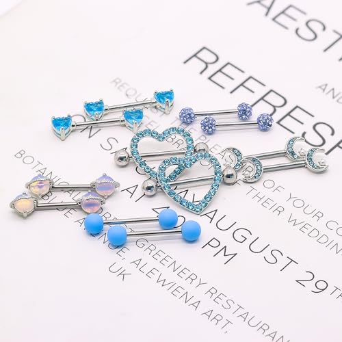 14G Nipple Rings for Women 316L Stainless Steel Heart,Butterfly,Moon,Devil,Flower Nipple Barbell CZ Nipple Rings Set Nipplerings Piercing Jewelry - color: BLIE