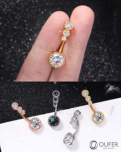 OUFER 316L Surgical Steel Belly Button Rings, Clear CZ Navel Rings, Belly Piercing Jewelry - color: Gold Bar, Clear CZ