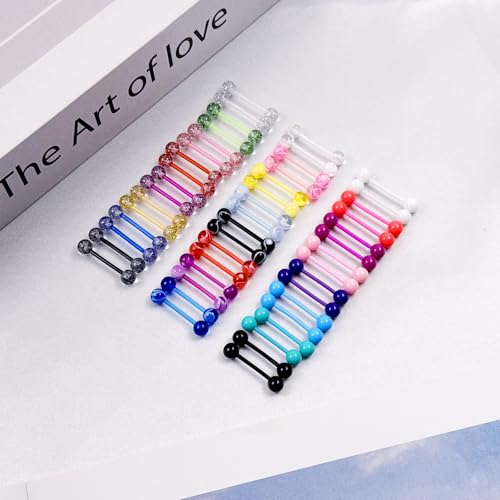 48Pcs 14G Flexible Acrylic Straight Tongue Barbell Candy Color Tongue Piercing Jewelry for Women Men 16mm Bar