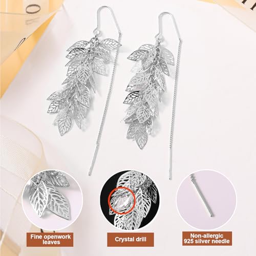 14K Gold Plated Leaf Threader Crystal Earrings for Women, Long Tassel Elegant Dangle Drop Earrings for Weddings, Galas, and Formal Events, Hypoallergenic Lightweight Jewelry Idea Gift - color: Silver