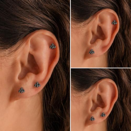 Flat Back Earrings for Women Cartilage Helix | Comfortable Dainty Cute Dragon Bee Bird Phoenix Dragonfly Cute Animal Leaf Spiral Rhombus Design Flatback Stud Earrings - color: Black Bee