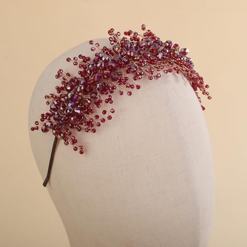 Rhinestones Beads Hair Crown for Wedding Brides Women Tiara Jewelry Handmade Sparkle Hair Piece - color: Red