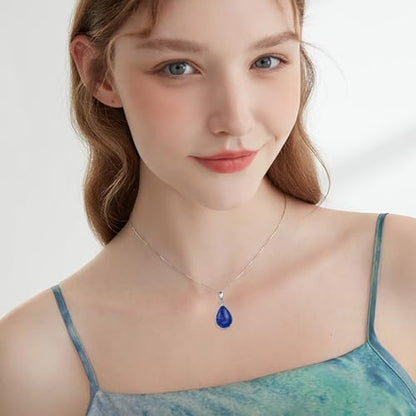 VONALA Sterling Silver Necklace Moss Agate/Turquoise/Larimar/Aquamarine/Opal/Black Onyx/Rose Quartz/Moonstone Pendant Teardrop Necklace Jewelry Gift for Women - style: Lapis lazuli