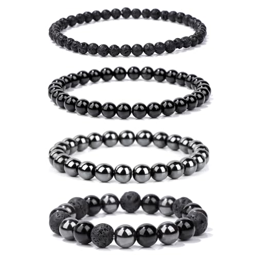 Vinswet 4pcs Beaded Bracelets for Women,Natural Healing Crystal Gemstones Bracelet,Anxiety Stress Relief Bracelet Handmade purple Jewelry Gifts for Women - color: Hematite&Black agate&Lava Rock