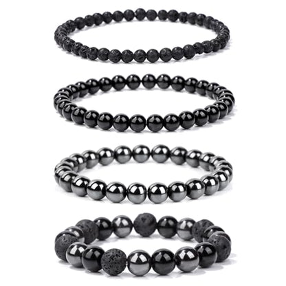 Vinswet 4pcs Beaded Bracelets for Women,Natural Healing Crystal Gemstones Bracelet,Anxiety Stress Relief Bracelet Handmade purple Jewelry Gifts for Women - color: Hematite&Black agate&Lava Rock