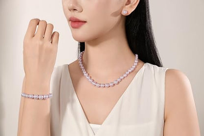 Faux Pearl Jewelry Set for Women, 3 Piece Necklace Bracelet Earrings | Glass Material, Adjustable Comfortable Fit, Party & Prom Accessory - style: Purple 16 inches