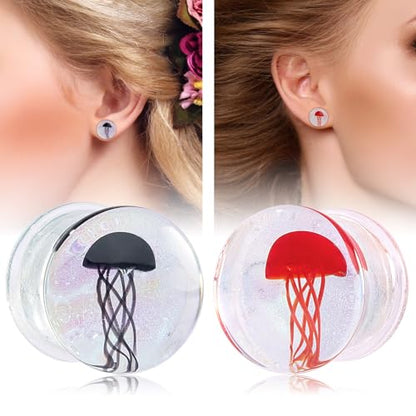 Stuppendux 4 Style 2Set Color Ocean Jellyfish Glass Double Flared Ear Plugs Tunnels Expander Stretching Kit Gauge 0g-5/8 8-16mm - color: Transparent Jellyfish 12MM