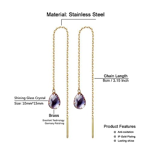 WANGGAO Stainless Steel Water Drop Long Chain Earrings for Women Linear Crystal Threader Earrings Jewelry - color: Purple