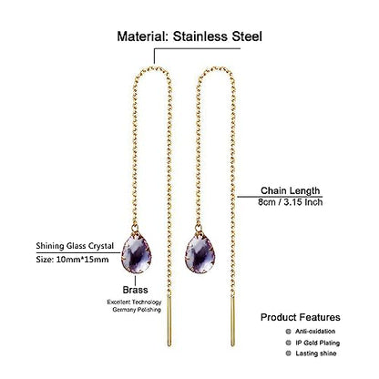 WANGGAO Stainless Steel Water Drop Long Chain Earrings for Women Linear Crystal Threader Earrings Jewelry - color: Purple