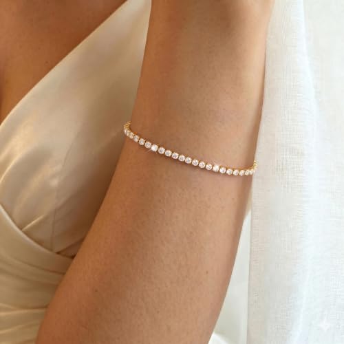 Tewiky Tennis Bracelet 14K Gold/Silver Plated 3mm Cubic Zirconia Tennis Bracelets for Women, Dainty Gold Bracelets for Women Non Tarnish Jewelry - color: Gold