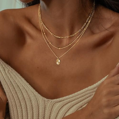 Dainty Layered Necklaces for Women,14k Gold Plated CZ Choker Necklace Stack | 14K Gold Plated Necklace set,Non Tarnish Hypoallergenic Beaded Paperclip Chain Necklace Stack Women's Minimalist Jewelry Gift - color: Gold-3