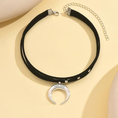 Vintage Crescent Moon Pendant Collar Black Velvet Ribbon Choker Necklace Bohemian Distressed Silver Clavicle Chain