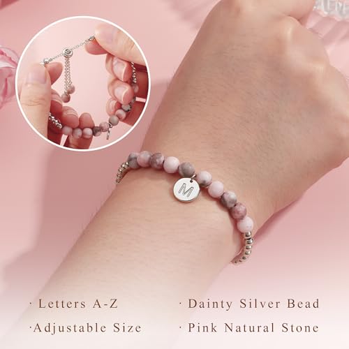 Ritach Initial Bracelets for Girls Kids - Pink Zebra Natural Stone Disc/Heart Initial Bracelet Adjustable Gold/Silver Beaded Bracelets for Girls Kids Teen Girl Jewelry Birthday Gifts - color: L-Silver