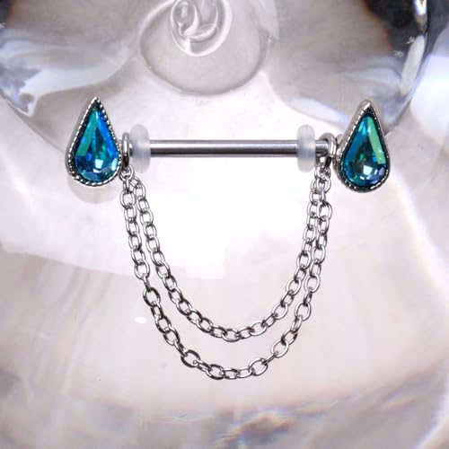 Pierced Owl 14GA 316L Stainless Steel Aqua Teardrop Crystals with Dangling Chains Nipple Barbells, Sold as a Pair