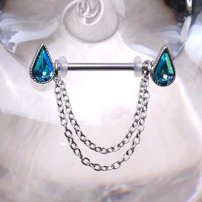 Pierced Owl 14GA 316L Stainless Steel Aqua Teardrop Crystals with Dangling Chains Nipple Barbells, Sold as a Pair
