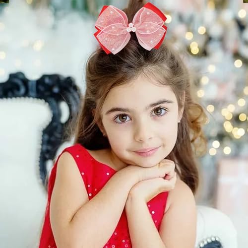 KISZU 4.5 Inch Flower Hair Bows Clips Mermaid Pearl HairPins for Girls Children Teens and Women - color: Red