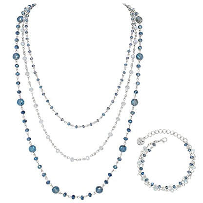 Firstmeet Long Chain Multi Layer Fashion Glass Beads Handmade Necklace for Women - color: Blue+SL
