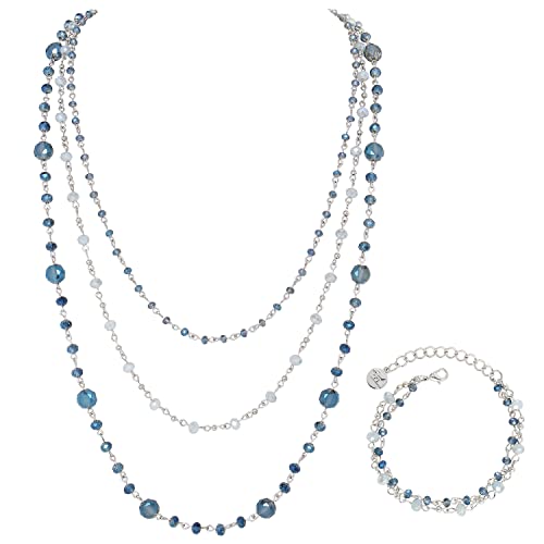 Firstmeet Long Chain Multi Layer Fashion Glass Beads Handmade Necklace for Women - color: Blue+SL