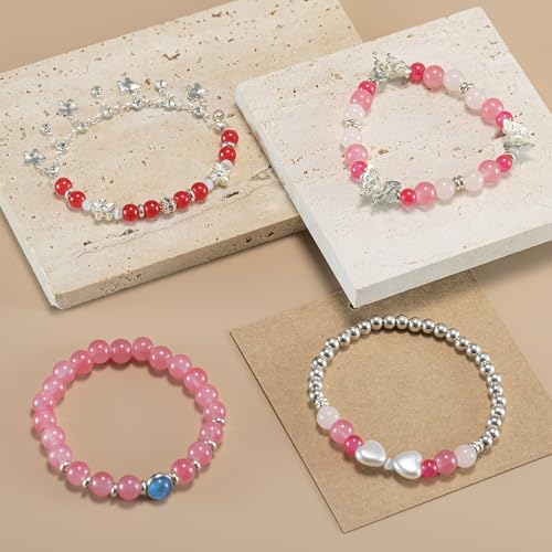 Besydec Stackable Boho Beaded Bracelets With Natural Stone & Pearl Heart & Clay Beads for Women,Adjustable Silver Jewelry - color: Red Silver