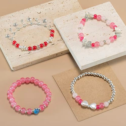 Besydec Stackable Boho Beaded Bracelets With Natural Stone & Pearl Heart & Clay Beads for Women,Adjustable Silver Jewelry - color: Red Silver