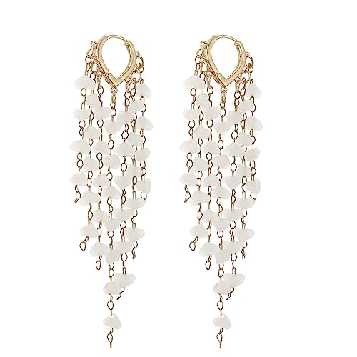Fringe Hoop Dangle Earrings, Long Beads Tassel Chain Earrings for Women Sparkly Chandelier Earrings - color: White