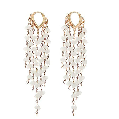 Fringe Hoop Dangle Earrings, Long Beads Tassel Chain Earrings for Women Sparkly Chandelier Earrings - color: White