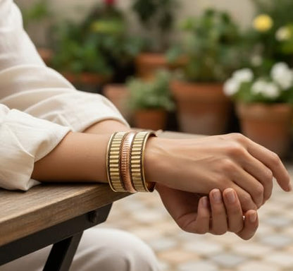 Touchstone Indian Bollywood Desire Brass Base Exotic Workmanship Free Size Cuff Bracelet in Antique Gold Or White Or Copper Tone for Women. - style: D160 Gold