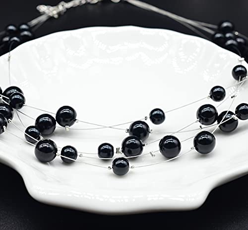 FULU AUTUMN Layered Pearl Necklace Multi-strand Pearl Choker Necklaces for Women Beaded jewelry for Wedding Parties - color: Black