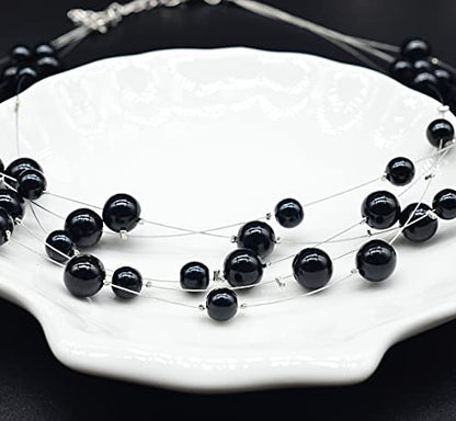 FULU AUTUMN Layered Pearl Necklace Multi-strand Pearl Choker Necklaces for Women Beaded jewelry for Wedding Parties - color: Black