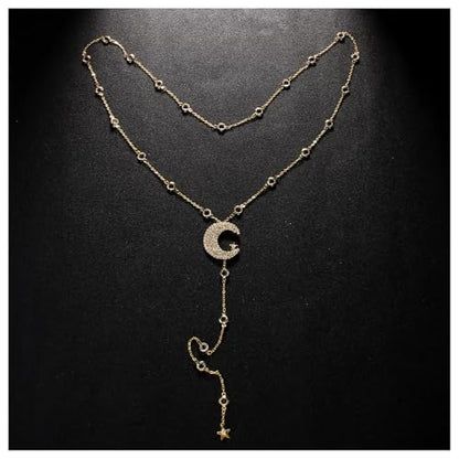 Simple Rhinestone Moon Star Back Chain Body Jewelry for Women Sexy Backless Crystal Necklace Bridal Wedding Backdrop Dress Accessories Jewelry - color: Gold