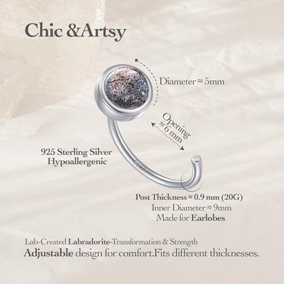 CHIC & ARTSY 925 Sterling Silver Half Hoop Earrings for Women, Dainty Huggie Hoops with Synthetic Opal, Moonstone, CZ & Gemstones, Lightweight Comfort Fit Everyday Elegant Jewelry - color: Synthetic Labradorite/Silver