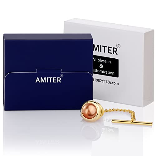 AMITER Crystal/Pearl Tie Tack with Chain, Gold Mens Tie Pin Necktie Pins Lapel Pin for Wedding Birthday Anniversary Party - color: 24k Gold+Brown Imitation Pearl